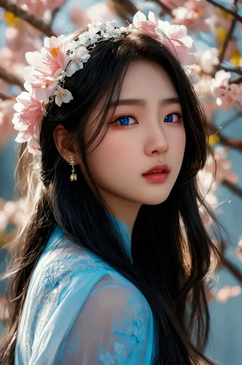 Asian girl from South Korea, Long hair, black hair, Tez blanca, blue eyes, textured skin, UHD, Very detailed, high quality, High details, quality, HD Model, The best quality, Tez blanca, Without dark circles, with perfect face, beautifulShine, bright light...