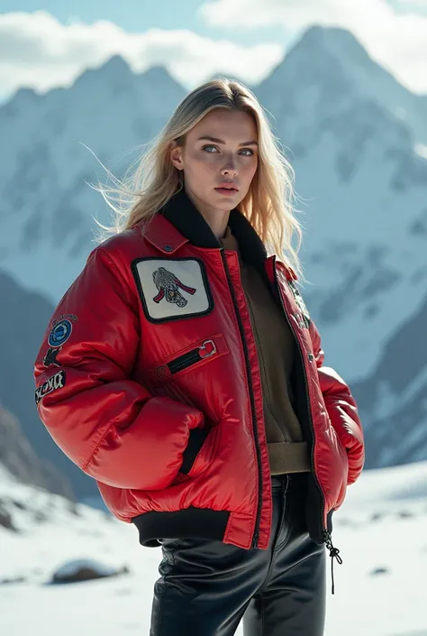 High-resolution images，Sexy woman wearing cotton clothes，Padded jacket with flight jacket shape、Baseball jacket、Pullover Jacket、Puffer fish jacket、Type X。The background is on a snowy mountain，Looking up。The cotton jacket is more exaggerated，Like a show