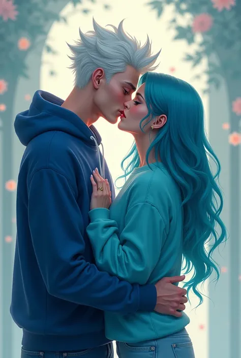 Create 2 2D characters kissing passionately, the first one with white hair and blue eyes and a dark blue sweatshirt and a girl with long, cyan hair and a cyan sweatshirt. 