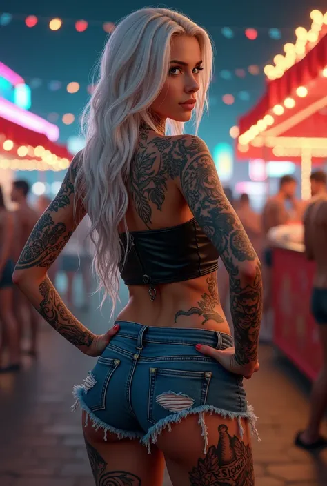 Tattoos all over the body,Tattoo on lower abdomen,Looking to the right with hands on hips、Long, white hair、20 year old Ukrainian woman,(masterpiece, Highest quality:1.2), leather tube top，Ripped blue denim shorts、In the background is a night carnival、Depth...