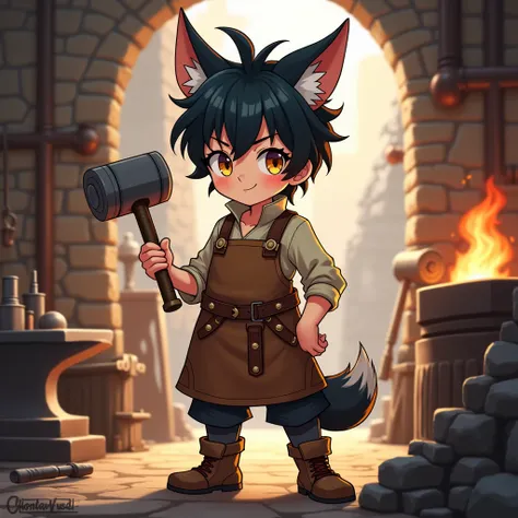 1boy, blacksmith, fox earsanime boy, blacksmith, fox ears, with a hammer in hand