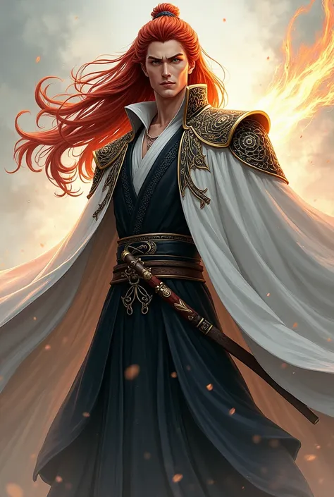 Make a murim manhwa character, with long red hair, He has black eyes, he wears a white cloak with black and gold details, he is a man and handsome with an older appearance. I don&#39;t want a realistic character just from murim manhwa.