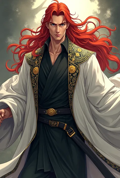 Make a murim manhwa character, with long red hair, He has black eyes, he wears a white cloak with black and gold details, he is a man and handsome with an older appearance. I don&#39;t want a realistic character just from murim manhwa.