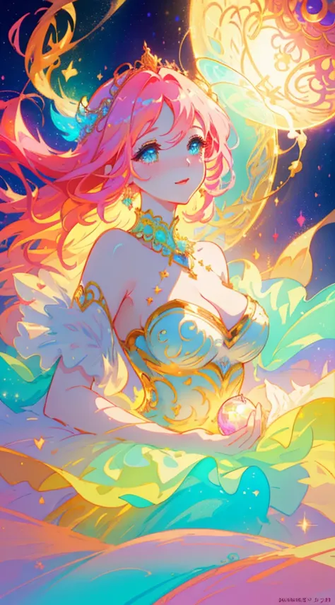 beautiful girl, wigh hugging big glowing heart,puffy tiered princess ballgown, vibrant pastel colors, (colorful), magical lights, long flowing golden hair, inspired by Glen Keane, inspired by Lois van Baarle, disney art style, by Lois van Baarle, glowing a...