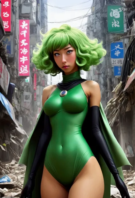 cute Yuna,  in the role of Tatsumaki from One Punch Man, iconic outfit, age 25, big butt, she is telling off a giant mutant cyborg, damaged streets of Bangkok