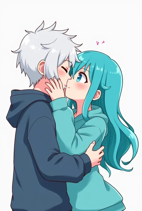 Create 2 cartoon characters kissing passionately the first one with white hair. And short and blue eyes and a dark blue sweatshirt and a girl with long and cyan hair and a cyan sweatshirt 