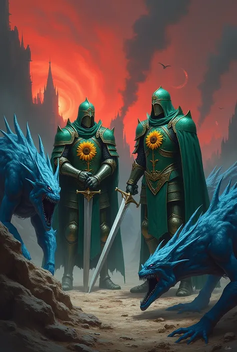 Green knights with sunflower emblem pushing swords through blue demons, hell background 