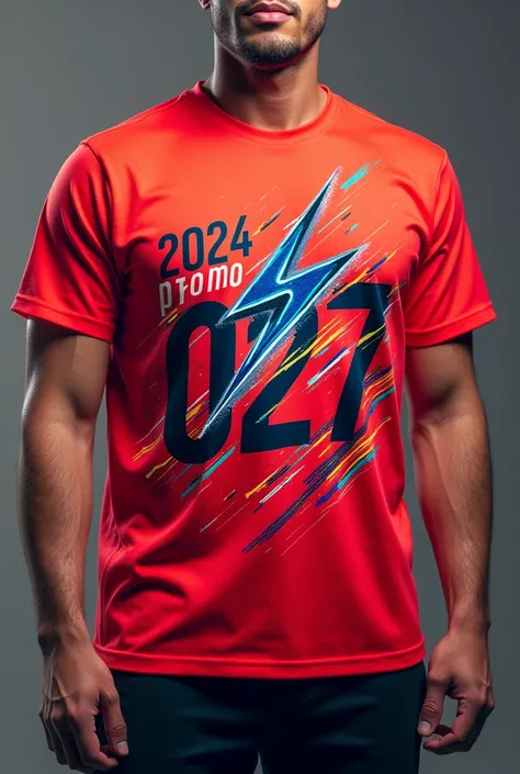 
- **Color of the shirt**: Keep bright red as a base to give it an energetic and striking style..
- **Front of the t-shirt**: A stylized lightning bolt in the center, Inspired by the theme of speed and energy. Above the lightning, could you put the year "2...