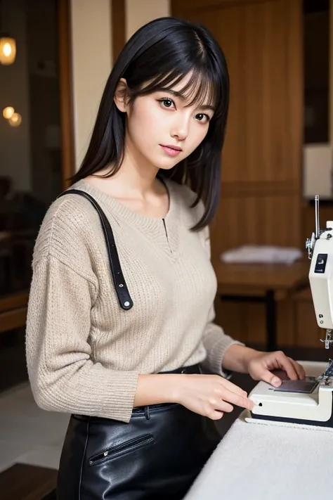 One girl, Black Hair, Shortcuts, High resolution, masterpiece, accurate, Anatomically correct, 最High quality, High detail, High-resolution model, High quality, quality, Very detailed, Ultra high definition, Textured skin, 
Sewing a leather bag with a sewin...