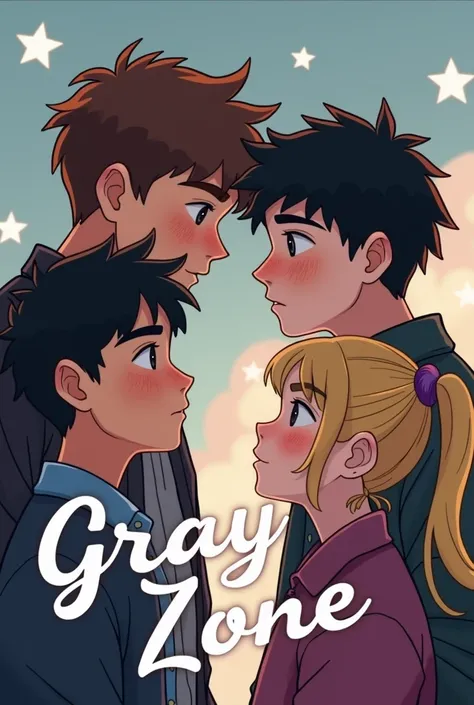 
The cover shows four teenagers in a close and emotional composition. two boys, one with brown hair and freckles, The other boy with very curly black hair and a bit of a chubby look look at each other with an intense and deep connection. by your side, A bo...