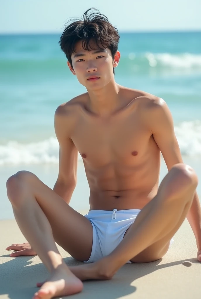 A cool 1 Japanese boy sits on the beach with his legs spread to the limit、showing the crotch to the viewer、Real、Its like a photo、Realistic、Handsome、Big penis、White Bikini、A beautiful face like a woman、Idol-like face、Johnnys beautiful boy、Sporty body、