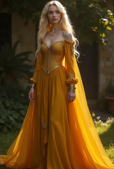 Create a stunningly beautiful female witch with an ethereal and commanding presence, inspired by medieval fashion from the 1300s. Her hair is a lustrous, light golden blonde, cascading in soft, voluminous waves down to her neck. Her eyes are a striking, vi...