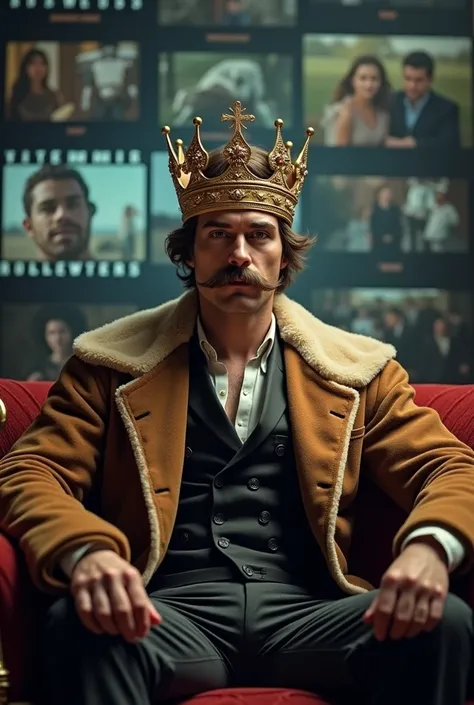 In background showing movie clips in written form and the sitting a beautiful man with mustaches and tey have the king hat