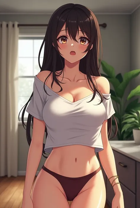 Anime girl in no bra and oanties in wet t shirt visible boobs breasts realistic big boobs full body tits wet panties