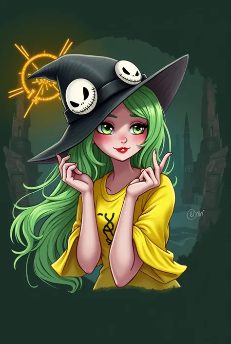 a woman with green hair and a black hat with a jack and sally face, halloween art style, epic 3 d abstract emo girl, dark art style, neon and dark, scary style, evil. vibrant colors. cute, colorful and dark, eerie art style, rossdraws and jazza, dark neon ...