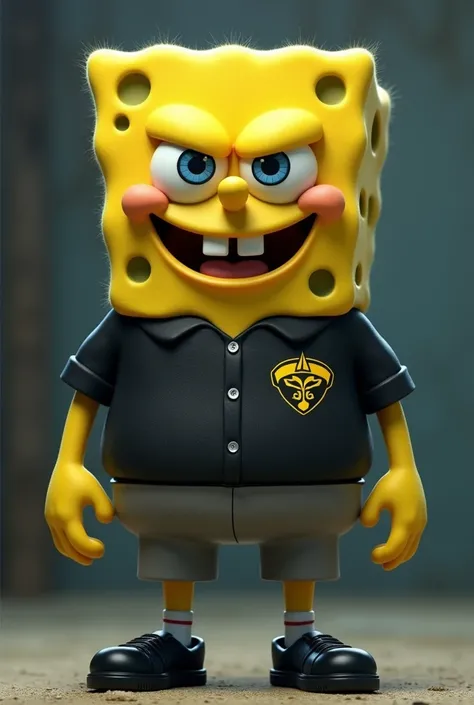 SpongeBob with the coach&#39;s jersey, his black shirt and black shoes and gray pants and with a serious face 