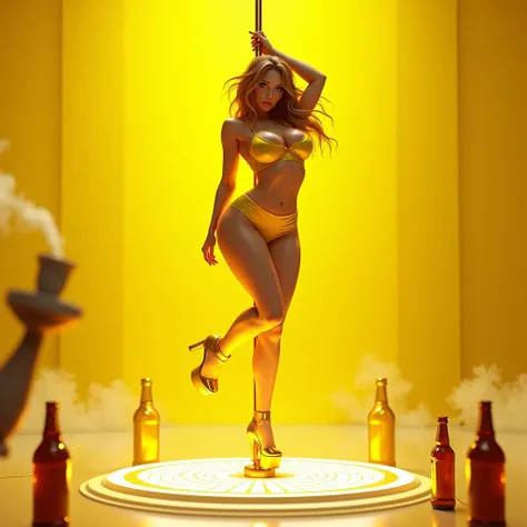 As an expert in the creation of 3D digital art of fantasy and realism, Crea una ilustración digital vibrante y con style de 1 mujer con bubis y caderas y abdomen plano, dancing erotically on a disco pole, with sexy super short yellow clothes and yellow hee...