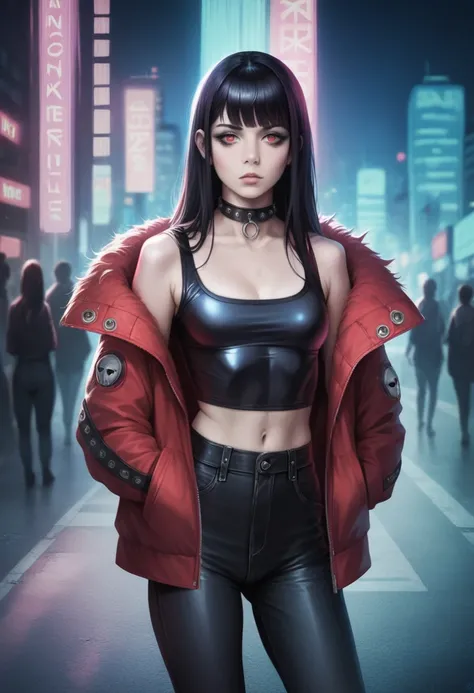 anime girl, 1 girl, by rubio, long hair , thick side bangs, choker, , Wake up, black eyeliner, sexy clothes, skinny body, , sci fi, cadet, futuristic black hair, red eyes, black nails, goth, studded chocker, black and red fur jacket, half worn, fashion, sh...