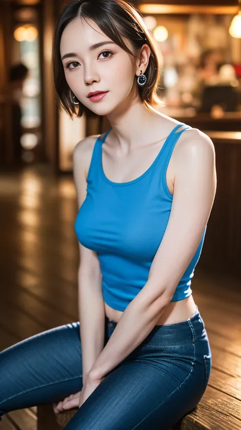 (masterpiece, Highest quality:1.4), (Persistence:1.5), 1 girl, alone, Spring is here, Blue Tank Top, Unified benchmark, Blue pants, tights, red ribbon, short hair, Sneakers, Exposing shoulders, (Young European Woman:1), Show Viewer, Beautiful Face, The fac...