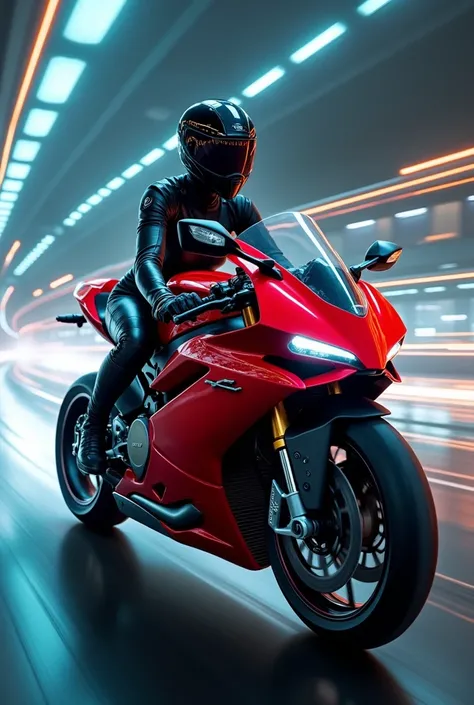 An intense and thrilling scene of a woman motorcyclist riding a sleek, futuristic motorcycle at high speed. The woman is dressed in a black, form-fitting, high-tech suit, with a matching helmet that reflects the fast-paced environment around her. The motor...