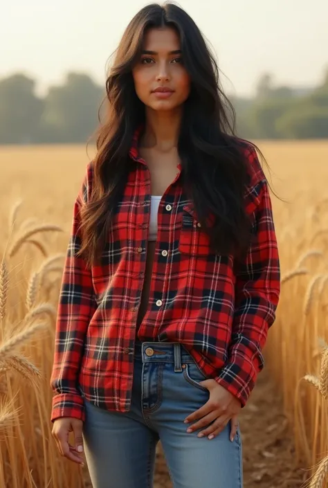 Gujrati stayle big  jeans loose, long sleeve red plaid flannel shirt, buatyful girl in wheatfield, dark black hair, dark bronzed skin
