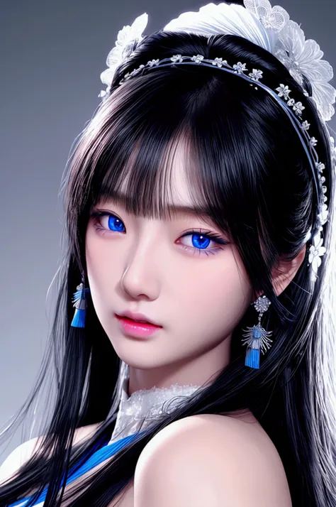 Asian girl from South Korea, Long hair, black hair, Tez blanca, blue eyes, textured skin, UHD, Very detailed, high quality, High details, quality, HD Model, The best quality, Tez blanca, Without dark circles, with perfect face, beautifulShine, bright light...