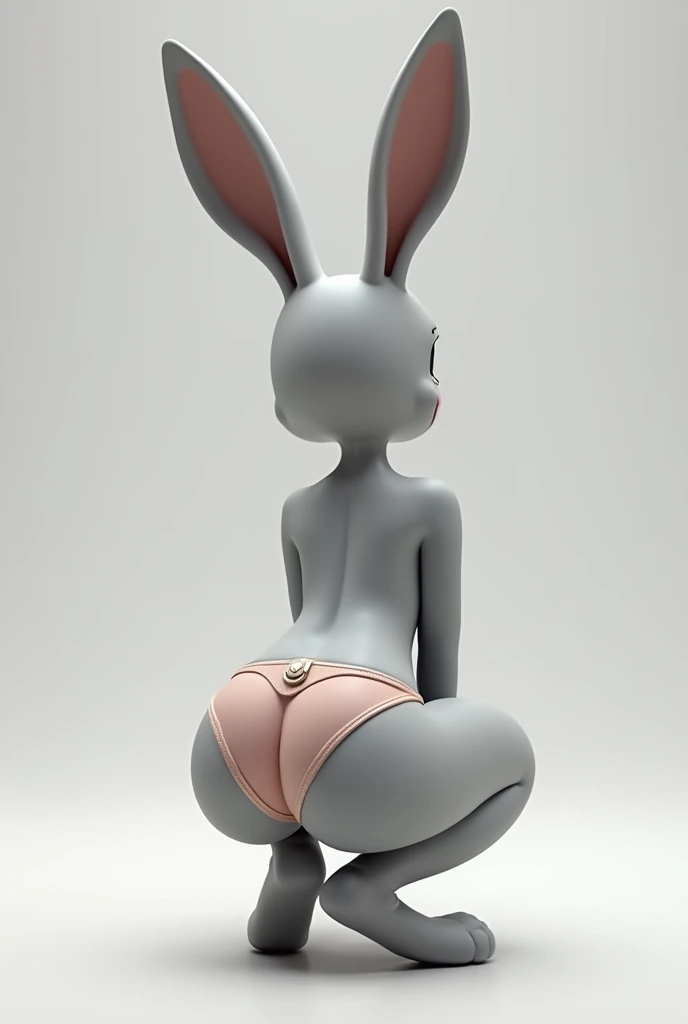 Judy Hoops as a zootype posing squatting and with her back to the point of view for an advertisement for thongs for anthropomorphic rabbits