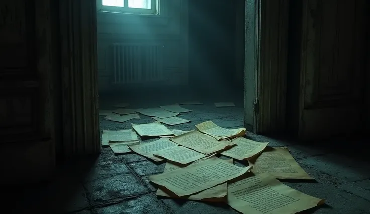 A shadowy corner of the mansion, where old, dusty papers are scattered on the ground, and eerie whispers can be heard.
