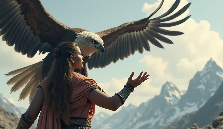 Create an ULTRA REALISTIC image of an eagle perched on a person&#39;s outstretched arm with an expression of strength and confidence, with the mountains in the background and the wind blowing gently, representing power and connection with nature. Convey de...