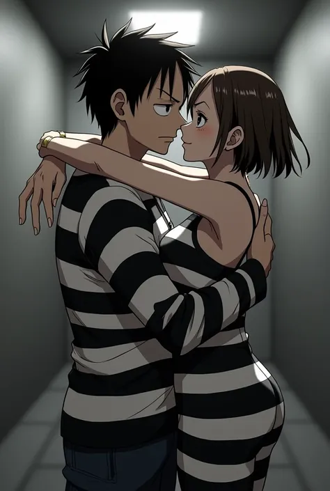 Police photo, Monkey D. Luffy in a black and white striped long sleeve prison uniform, Chico, short black hair looking at the viewer wearing a black and white striped prison jumpsuit hugging with both arms, kissing a girl with short brown and black hair an...