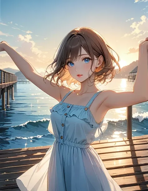 (masterpiece, Highest quality:1.2), figure, anime, Model shoot, One girl, Short brown hair, blue Ocean eyes, Pretty lips, Beautiful Face, Beautiful Eyes, Light blue sundress, Backlight, Stand on the pier, (Ocean, Sparkling water surface), Wave, Landscape s...