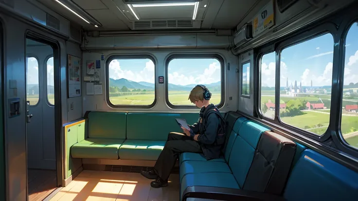 On train, boy sitting in seat, headphones, lost in thought, looking out window, landscape concept art, studio art, background painting animation, train, boy, headphones