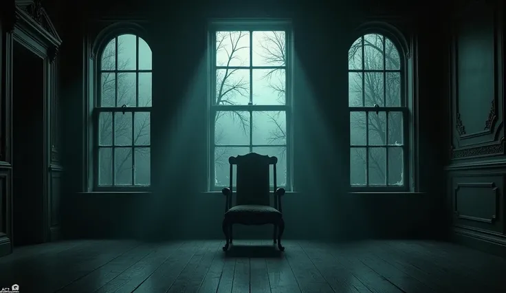 A mysterious room inside the mansion, dimly lit by moonlight filtering through cracked windows, with an old wooden chair in the center.
