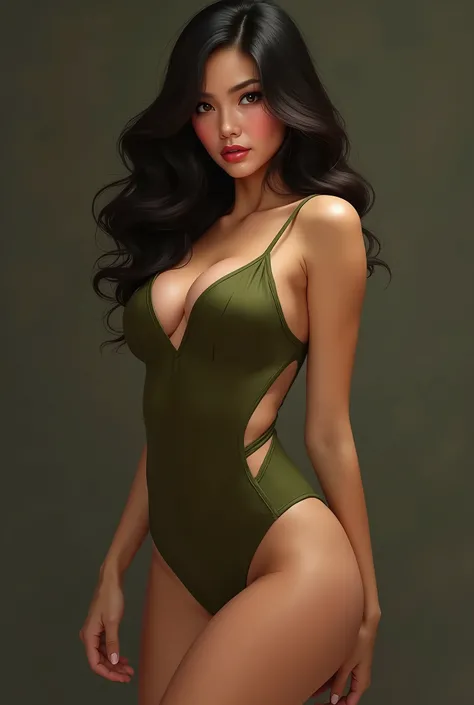 Beautiful Filipina woman wearing olive green leotard, full lips and sensual pose