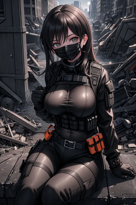 (best quality,8k,ultra detailed,realist,photorealist:1.2), beautiful girl,black mask,sitting,big breasts,orange bulletproof vest...