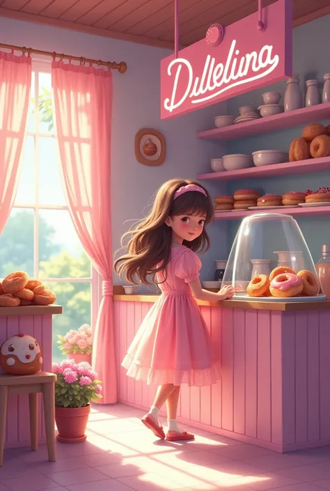 a coffee in pink and violet tones, You can see that they sell donuts and churros, with a sign that says DulceLuna in cursive and with pastel pink and pastel lilac tones, takes care of a  girl, with brown hair, who has a pink dress.