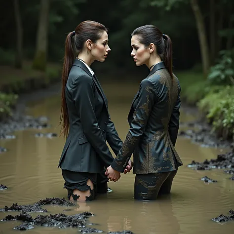 A professional photo featuring two slender business ladies with model-like appearances, all stained in liquid mud as they stand opposite each other, wrestle in the mud, grab each others clothes and tear them, and drench each other in mud.on muddy swamp. Ca...