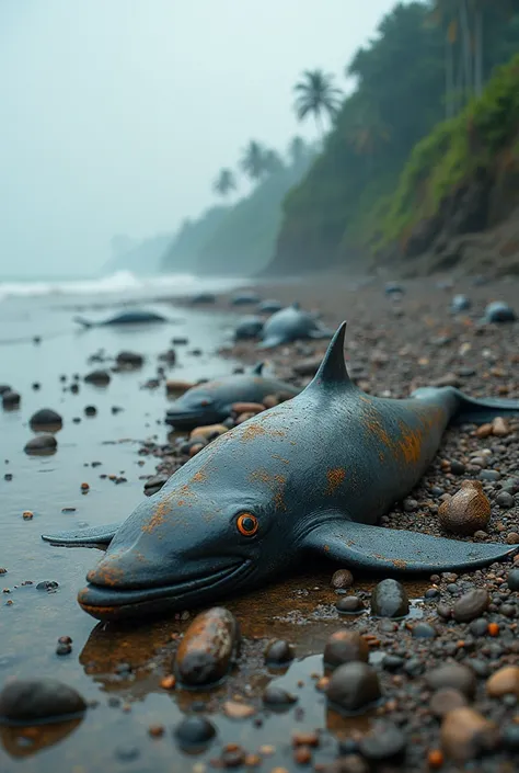 Create an image with pollution in the coastal area , something with clear details ,little animals whales , dead fish,but nothing too extravagant  , something more real, beachfront , something clearer
