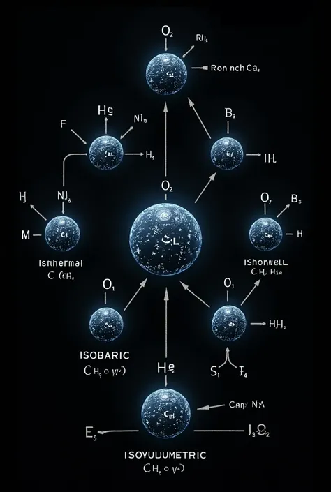 An image about gases that has symbols and formulas for their transformations (isothermal, isobaric, isovolumetric) and with black background For a slideshow 
