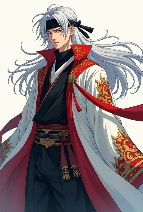 Make a murim manhwa character, with long white hair, he has a black bandana covering his eyes, he wears a white cloak with red and gold details, he is a man and handsome with a younger appearance . I don&#39;t want a realistic character just from murim man...