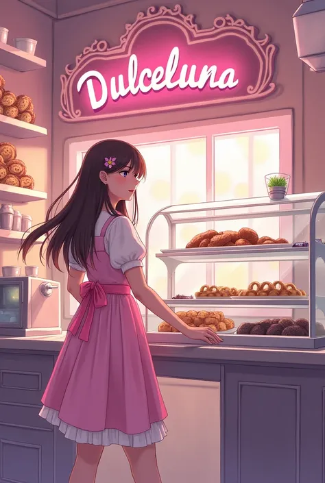 a coffee in pink and violet tones, You can see that they sell donuts and churros, with a sign that says DULCELUNA ,takes care of a  girl, with brown hair, who has a pink dress.