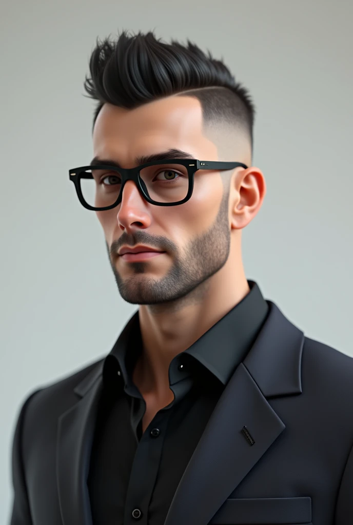 3D image, white male,  bonitas, black hair shaved cut,  sem beard,  with prescription glasses, smart casual style