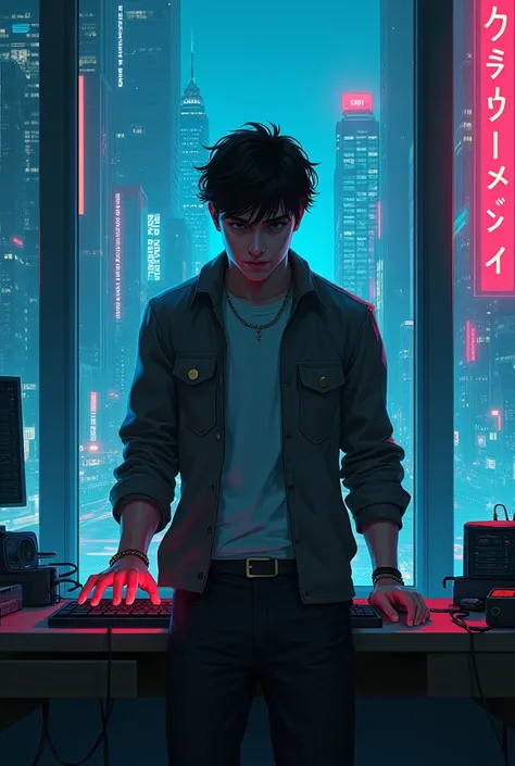 A young man、Standing at the desk typing on the keyboard，Overall style: Cyberpunk