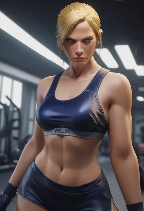 nina williams a beautiful woman with short blonde hair, striking blue eyes, high cheekbones, and a strong jawline, wearing a sle...