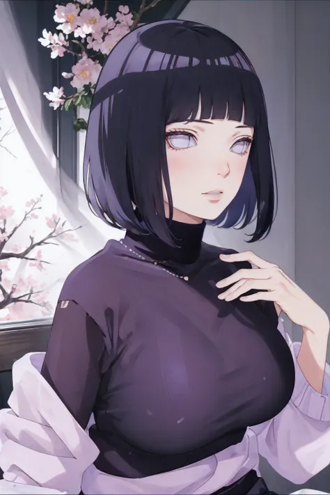 (Masterpiece - Ultra-detailed, very high resolution) (huge titusty, masterpiece, absurdres, hinata(boruto), 1girl, solo,mature female, off-shoulder bra, high waist black short skirt, looking at viewelling petals), perfect composition, detailed lips, big br...