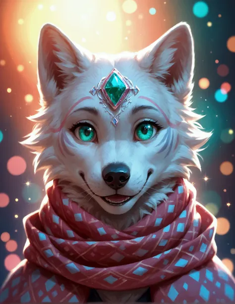 score_9, score_8_up, score_7_up, symmetrical, extreme face close-up, cute white wolf, giant emerald eyes, smiling at the viewer,...