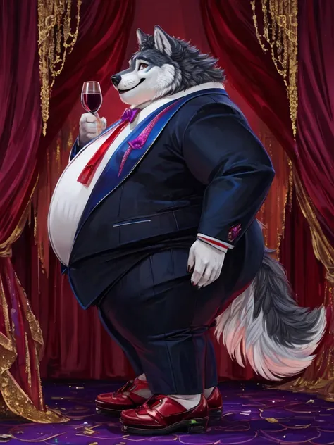 Extremely Obese Wolf with Extremely Massive Overhang Belly, wears fancy shoes, wears fancy suit, smiles at the viewer, side view, holding wine, at the fancy party