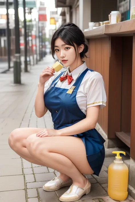 (Practical, photo-Practical, best quality, masterpiece), Intricate details, Extremely detailed, (Frontal photography, For the audience), Solitary, A Japanese character, (Half squat with legs spread:1.5), (Dressed waitress, gout:1.3), (Huge breasts), Black ...