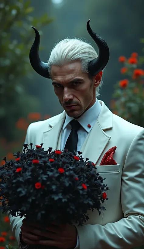 high detail image, best quality, 4k, male demon young adult , strong male demon tanned skin, white hair, horn, white grooms suit with red spots, bouquet of black flowers, flower garden at night, terrifying atmosphere  