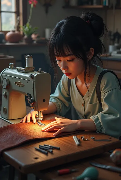 A woman sewing a bag with a sewing machine Japanesewomen黒髪, Shortcuts, High resolution, masterpiece, accurate, 最High quality, High detail, High-resolution model, High quality, quality, Very detailed, Ultra high definition, Textured skin,  Ultra Wide Angle,...